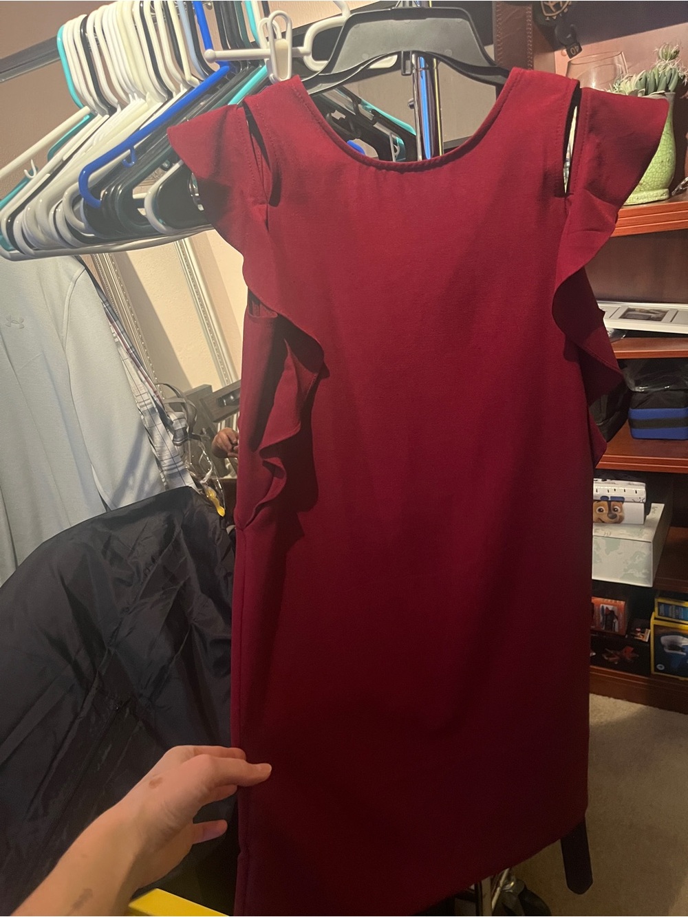 Saks Fifth Avenue Wine Red Ruffle Sleeve Shift Dress